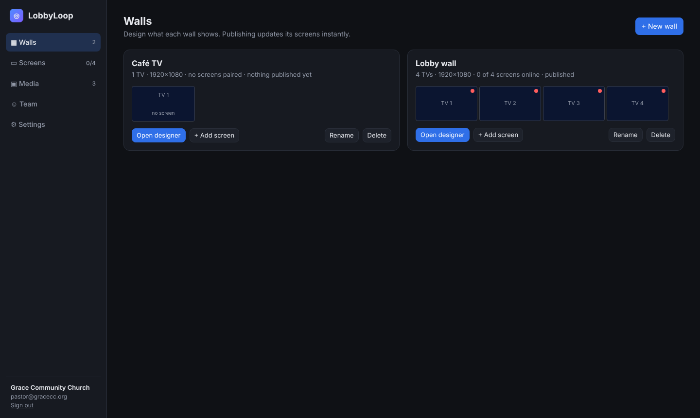 LobbyLoop dashboard showing walls and which TVs are online